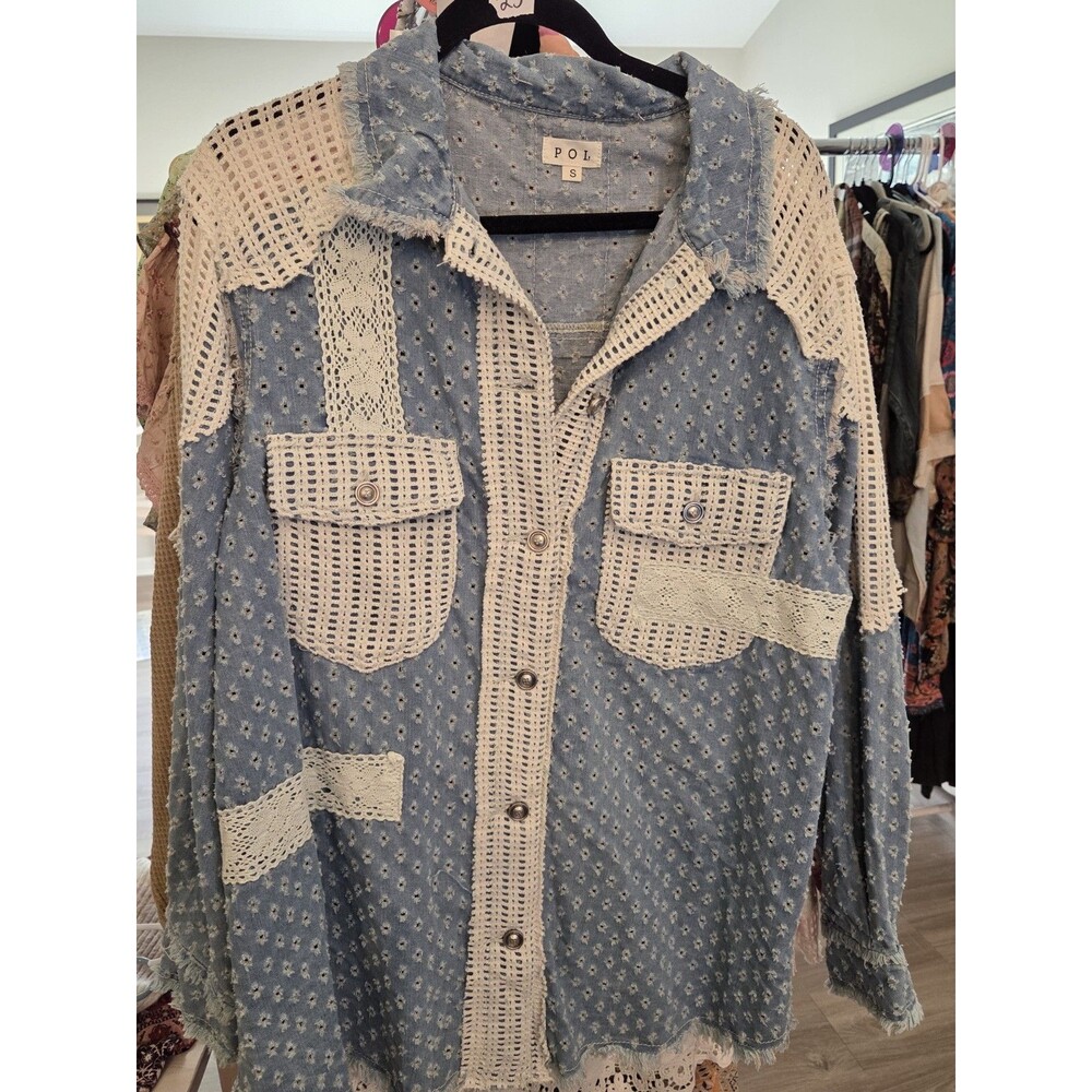 POL Denim And Lace Shacket Ptp 23 Long Sleeve Size Small